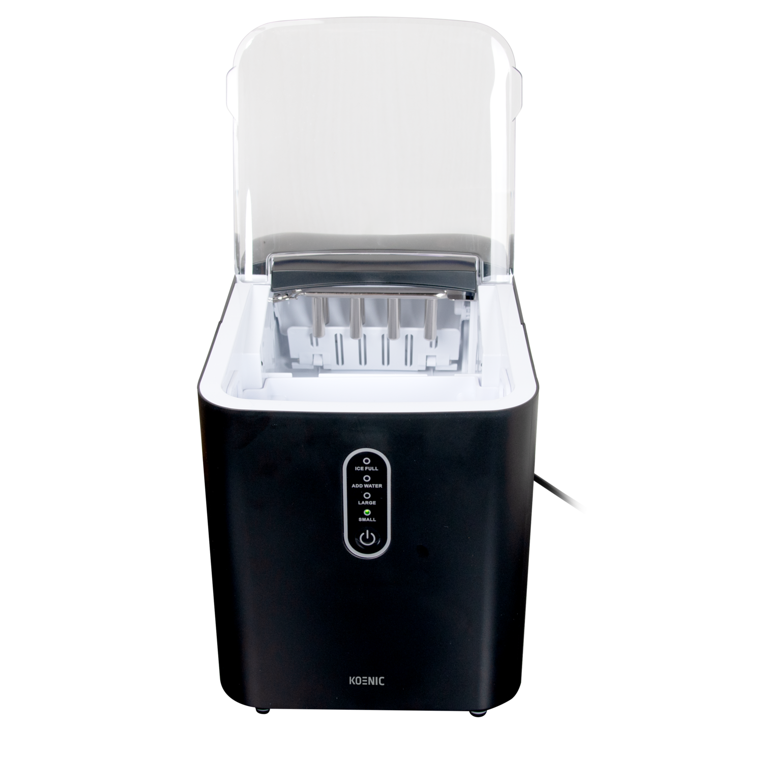 Zwart-witte ijsmachine met open deksel, toont ijsvormen binnenin.