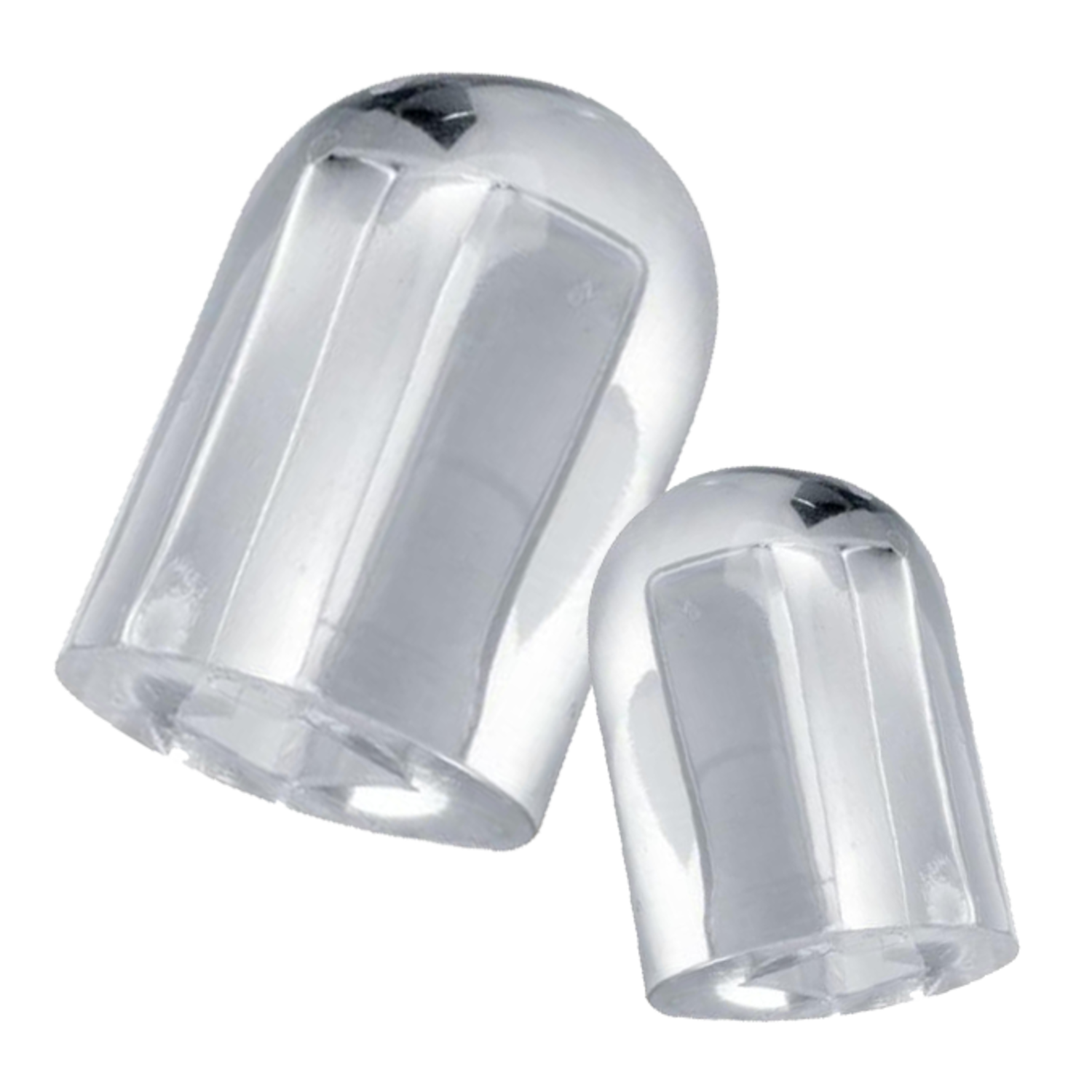Twee, heldere, afgeronde plastic stukken. Reflecteren licht.