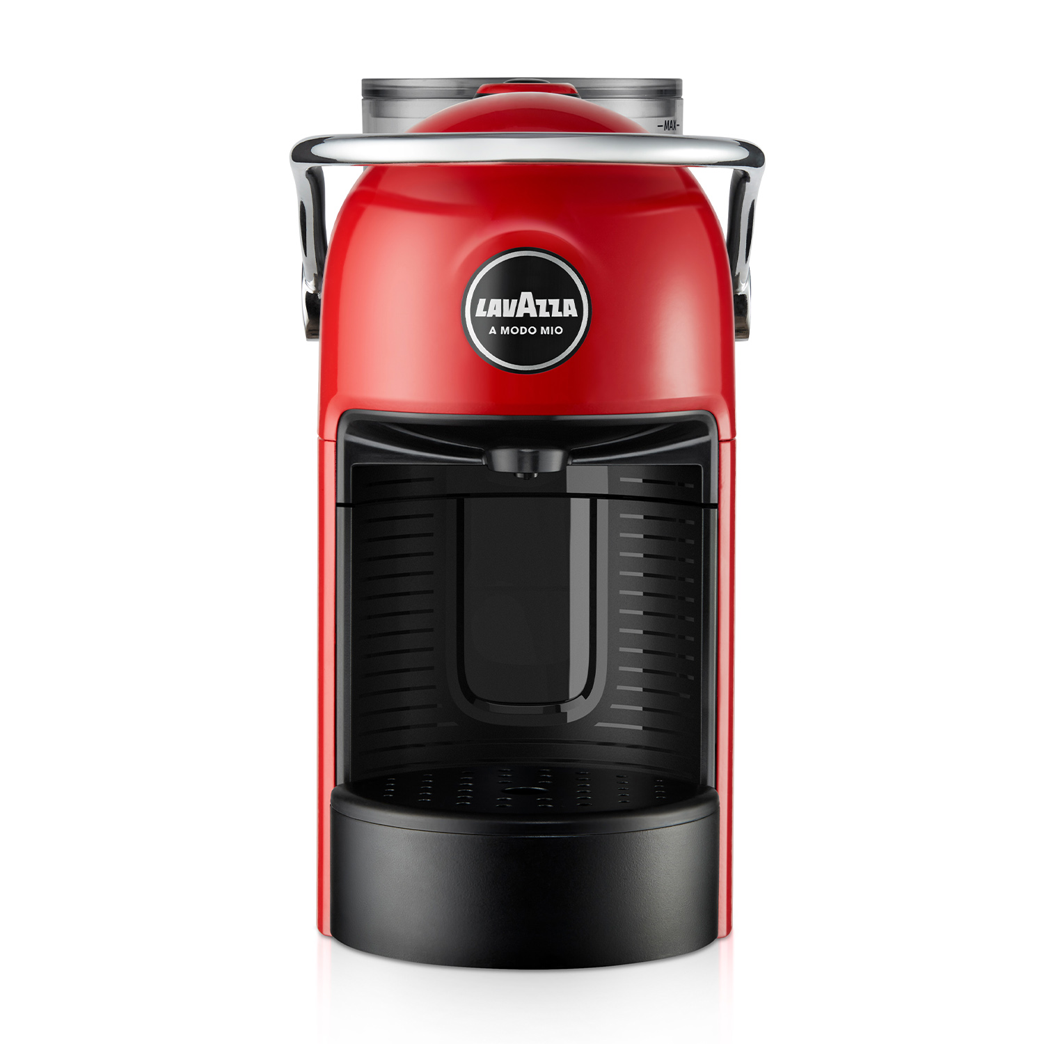Una macchina da caffè rossa Lavazza A Modo Mio su sfondo bianco.