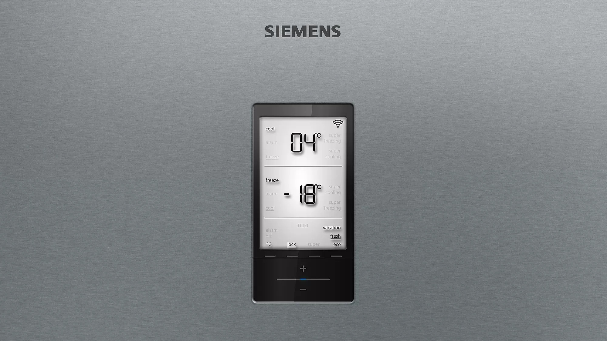 Zbliżenie cyfrowego wyświetlacza na lodówce Siemens, pokazujące ustawienia temperatury.