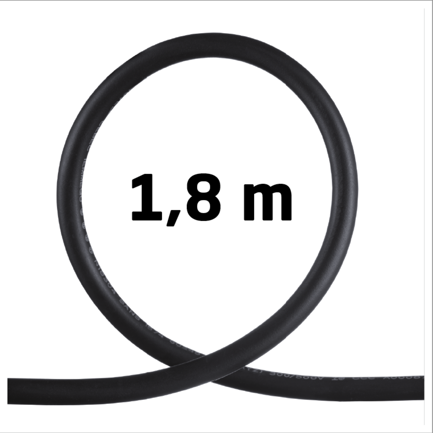 A black cable in a loop, with the text "1,8 m" in the center.