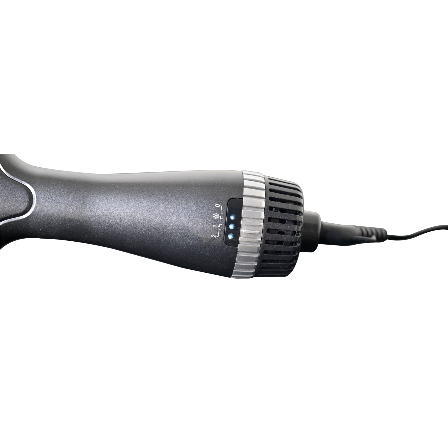 A dark gray hair styling tool with buttons and a power cord.