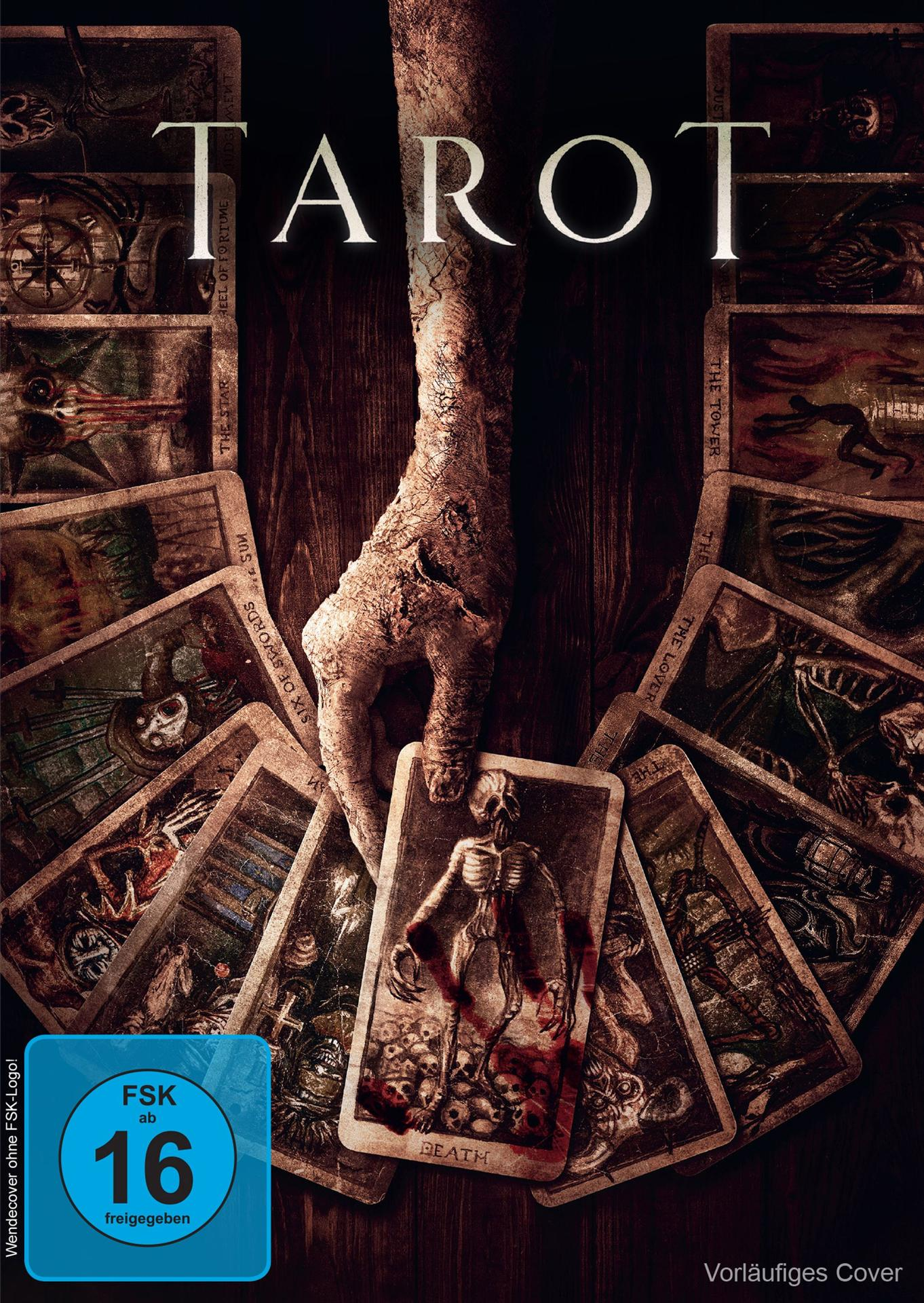 Filmposter für 'TAROT'. Eine Hand mit Tarotkarten ist im Zentrum des Bildes.