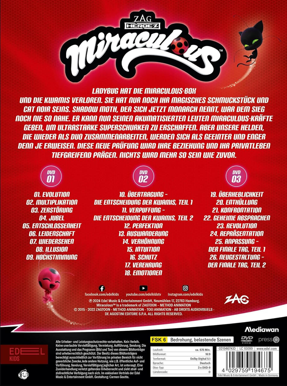 Rückseite einer DVD-Box von Miraculous Ladybug mit Text und Bildern.