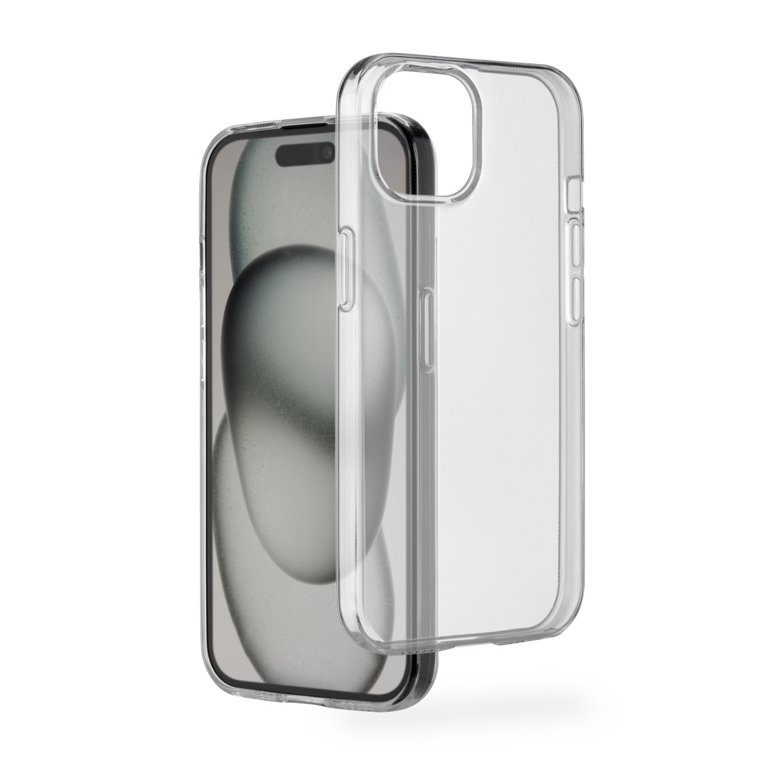 Eine transparente Handyhülle neben einem Handy. Das Handy ist sichtbar. Weißer Hintergrund.