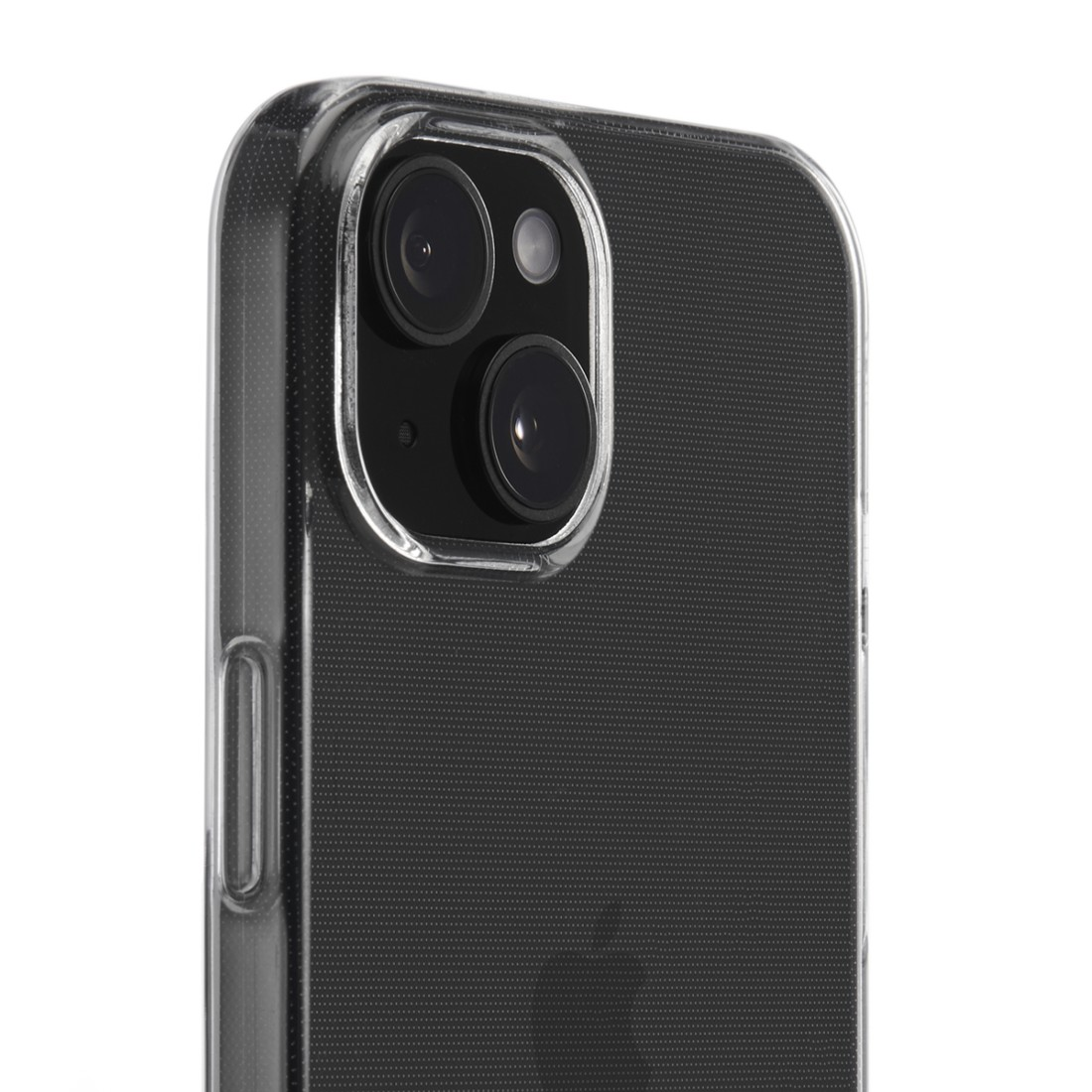 Nahaufnahme eines iPhones mit klarer Hülle, zeigt Kameralinsen und schwarzen Punkt.