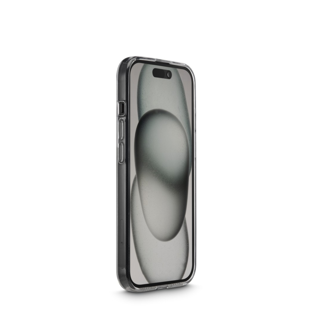 Ein Telefon in einer transparenten Hülle, das einen verschwommenen Hintergrund zeigt. Das Telefon steht auf einer weißen Oberfläche.