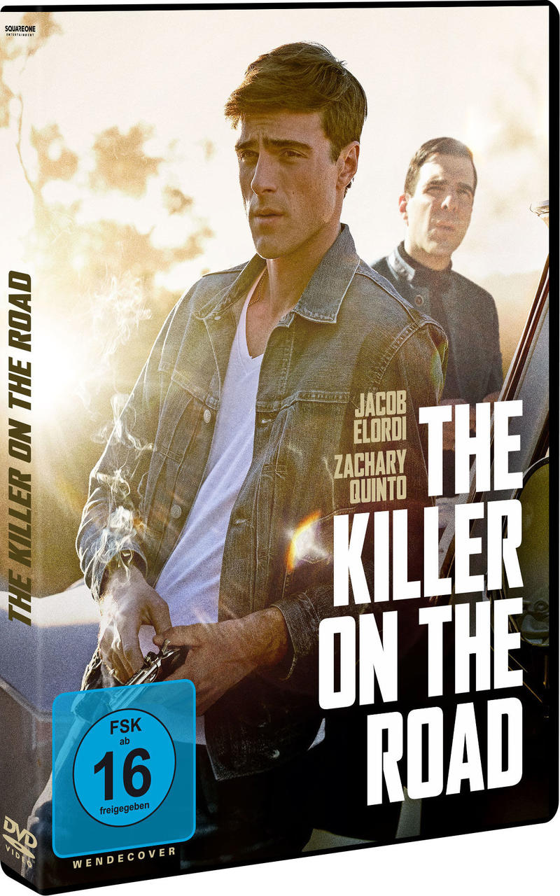DVD-Cover für „The Killer on the Road“, mit zwei Männern in einem Auto und Text.
