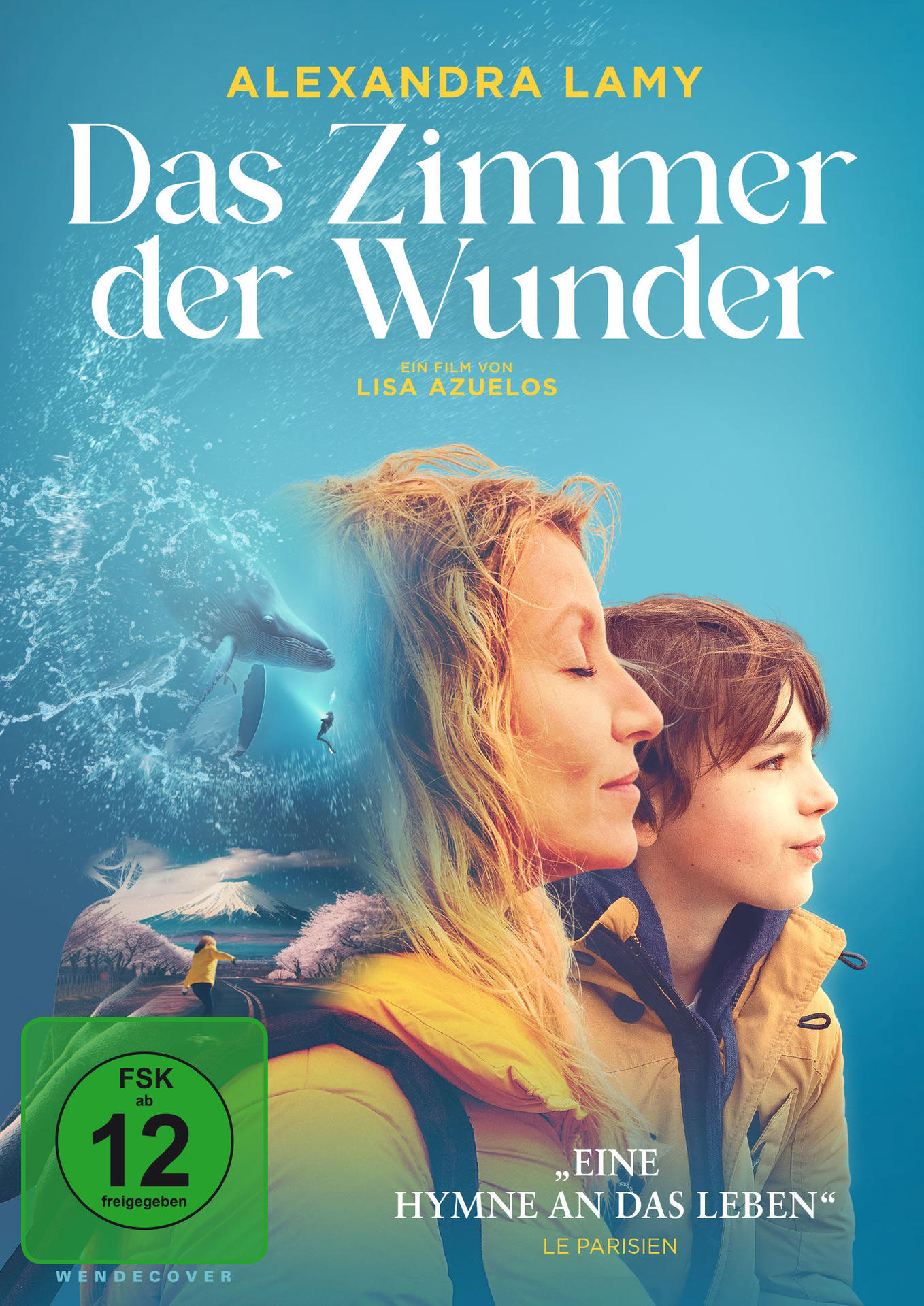Filmposter von 'Das Zimmer der Wunder'. Eine Frau und ein Junge stehen nebeneinander, im Hintergrund ein Wal.