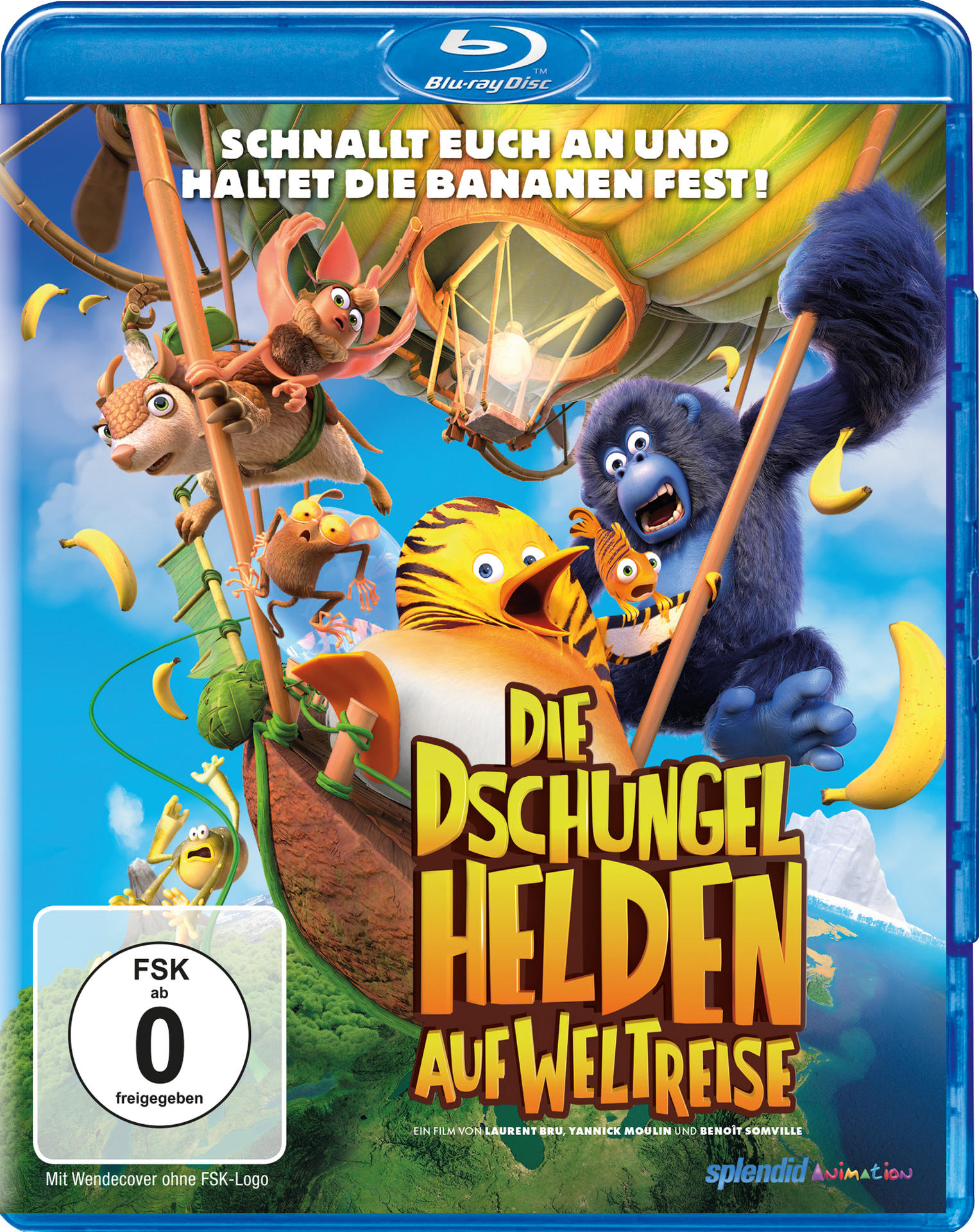 Filmposter von Die Dschungelhelden auf Weltreise. Zeichentrickfiguren in einer blauen DVD-Hülle.