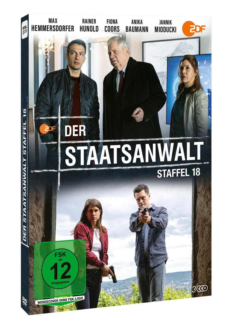 DVD-Cover: Besetzung der Serie 'Der Staatsanwalt'. Personengruppe, zwei mit Waffen. Titel und Staffelnr. sichtbar.