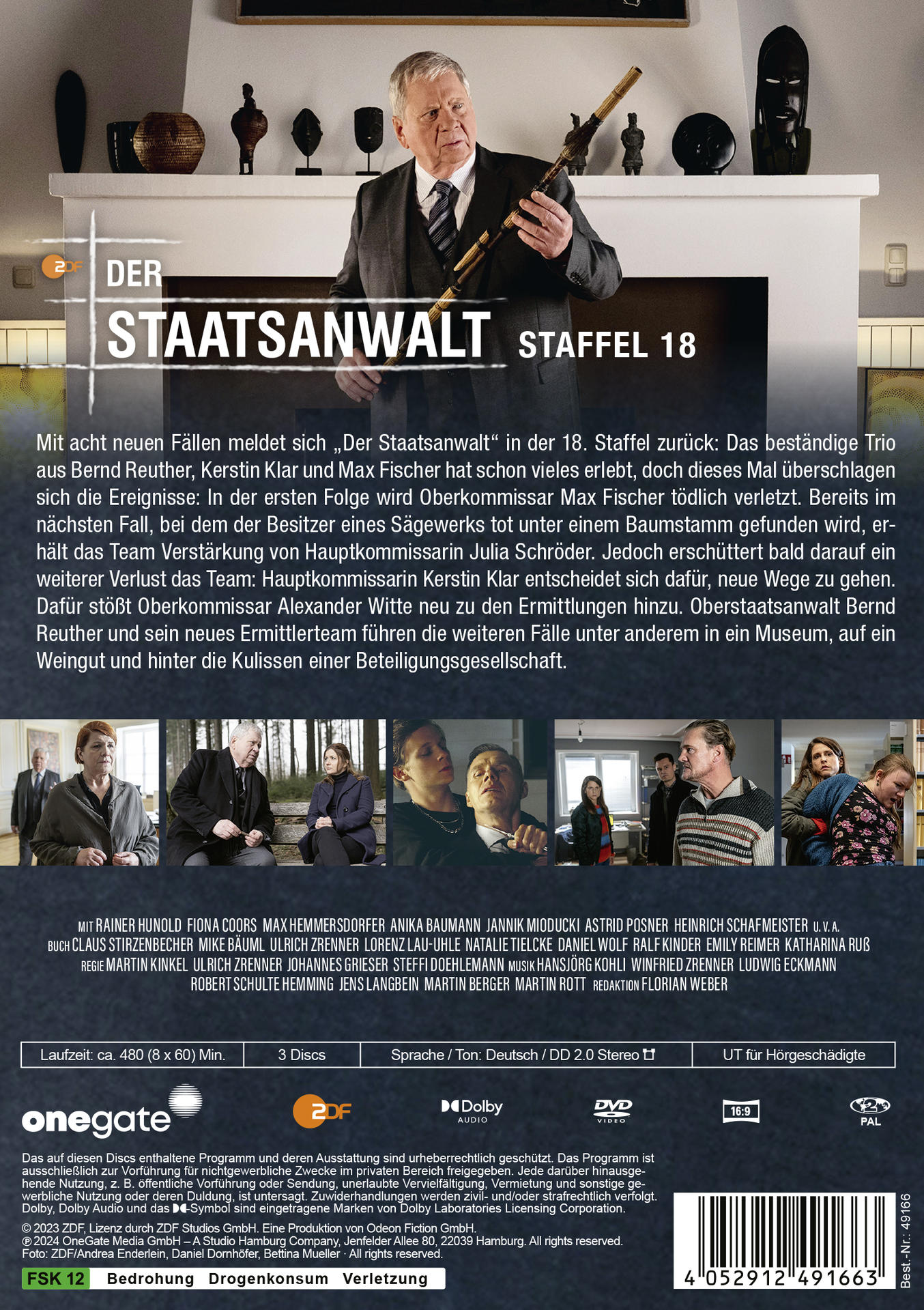 Rückseite einer DVD-Hülle mit Text und einem Mann, der ein Objekt hält.