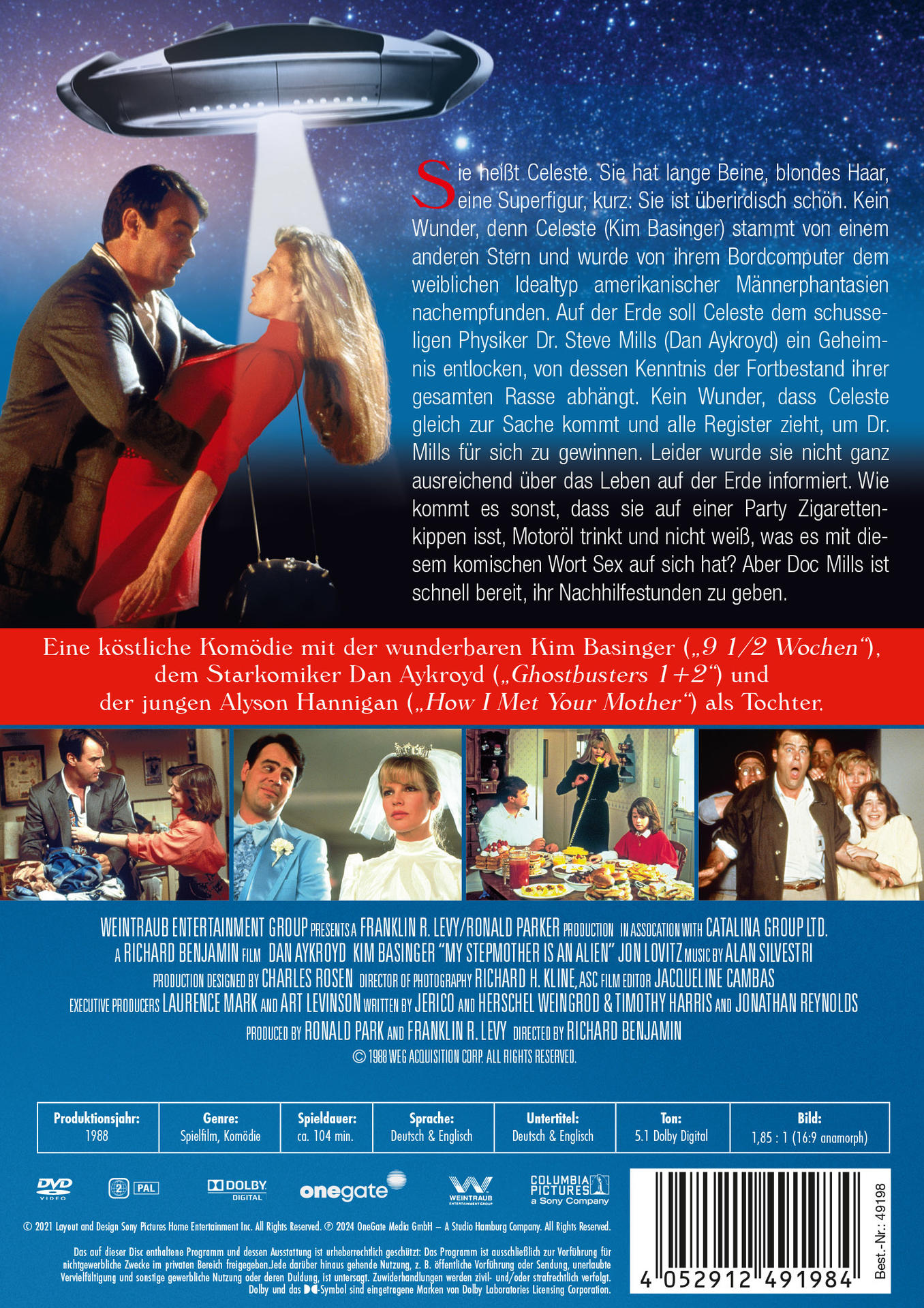DVD-Cover für 'Meine Stiefmutter ist ein Alien'. Ein Mann und eine Frau in rotem Kleid in einer Szene.