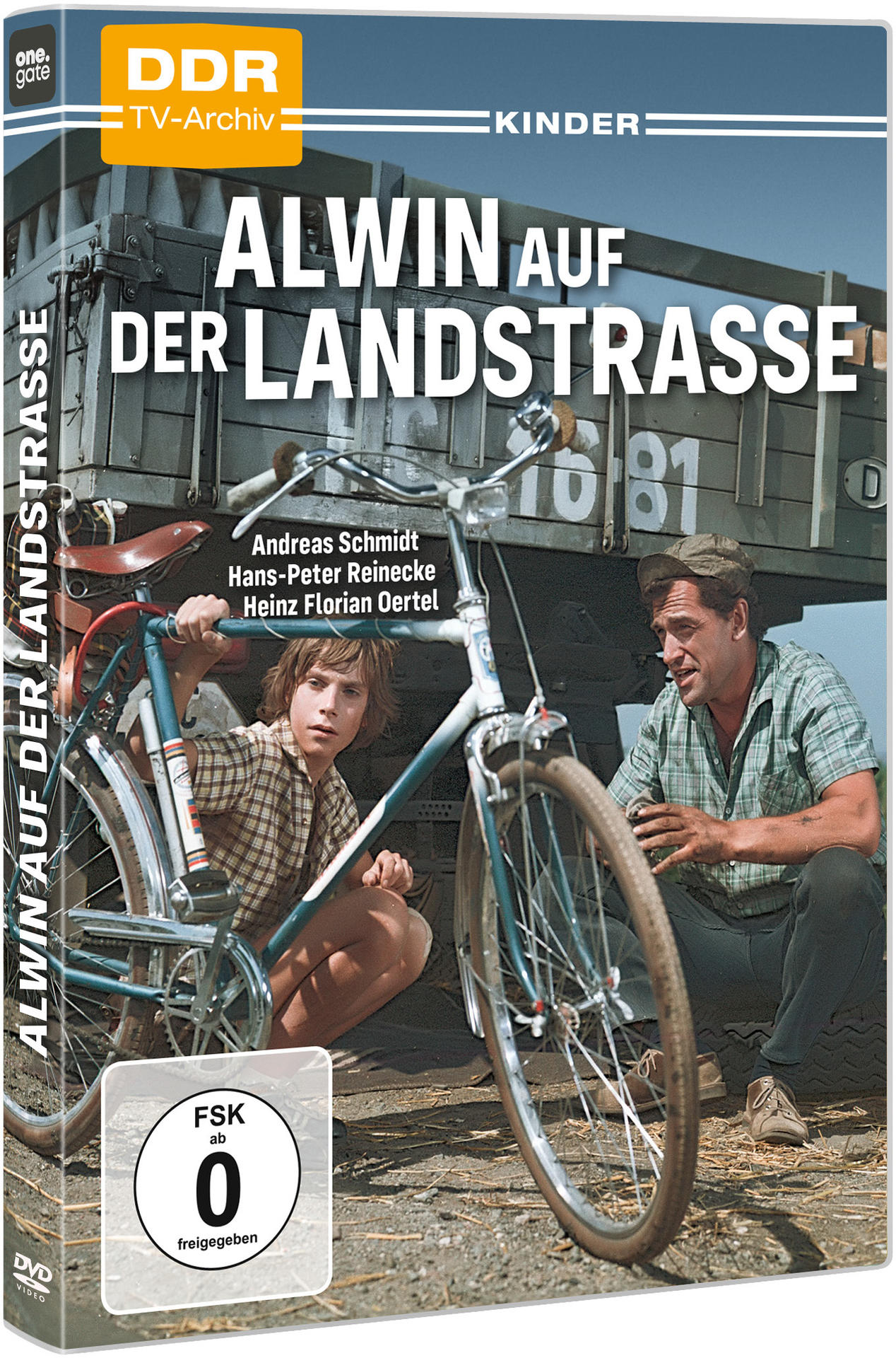 DVD-Cover eines Films. Der Titel lautet 'Alwin auf der Landstrasse'. Ein Junge und ein Mann sind auf dem Cover.