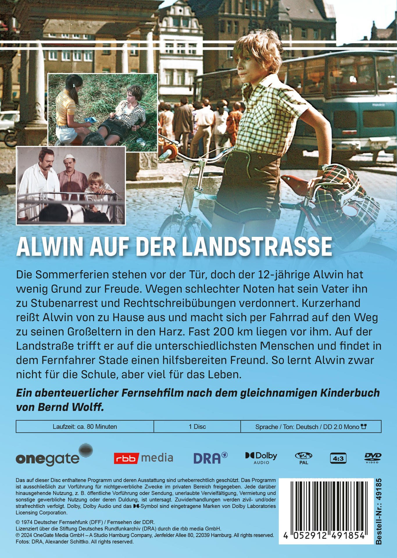 DVD-Hülle für den Film 'Alwin auf der Landstrasse' mit Text und Bildern.