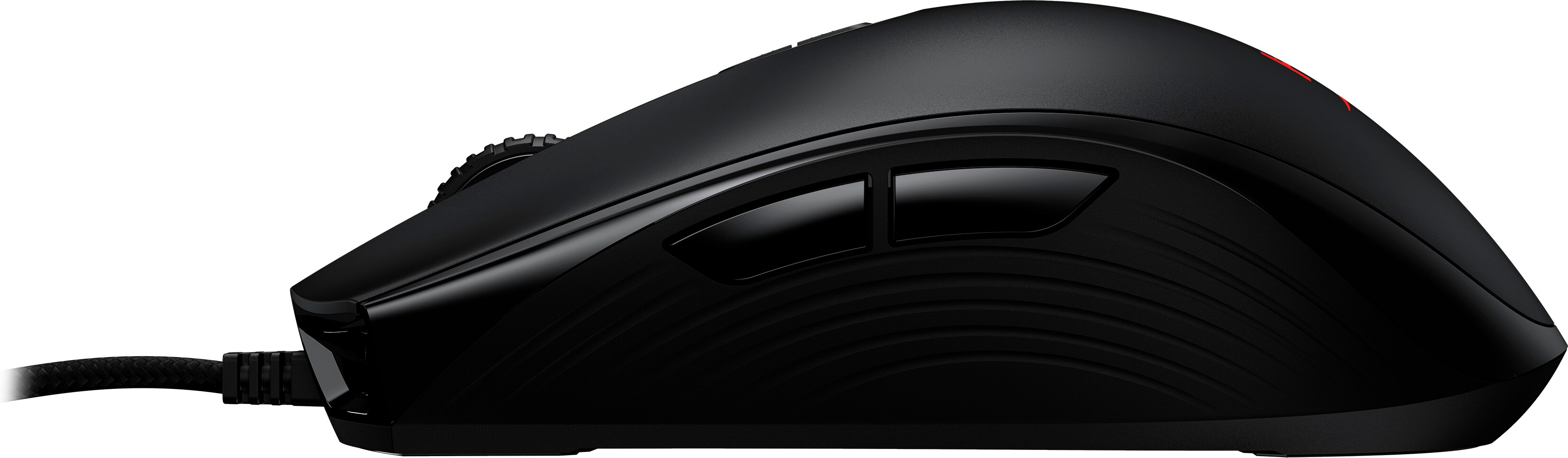 Eine schwarze Gaming-Maus mit Tasten und strukturierter Oberfläche. Oben leuchtet ein rotes Licht.