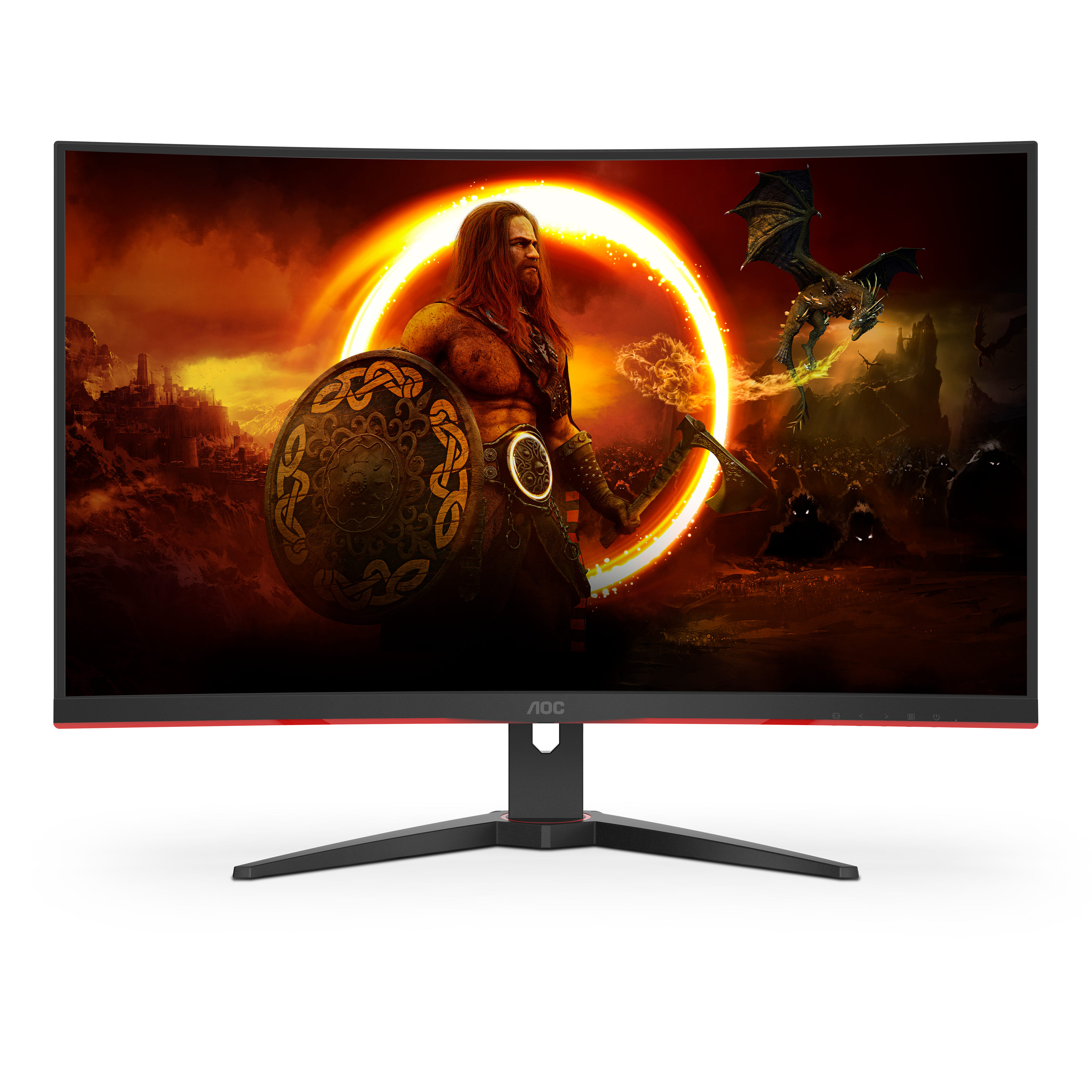 Ein gekrümmter Computermonitor zeigt eine Fantasy-Szene mit einem Krieger.