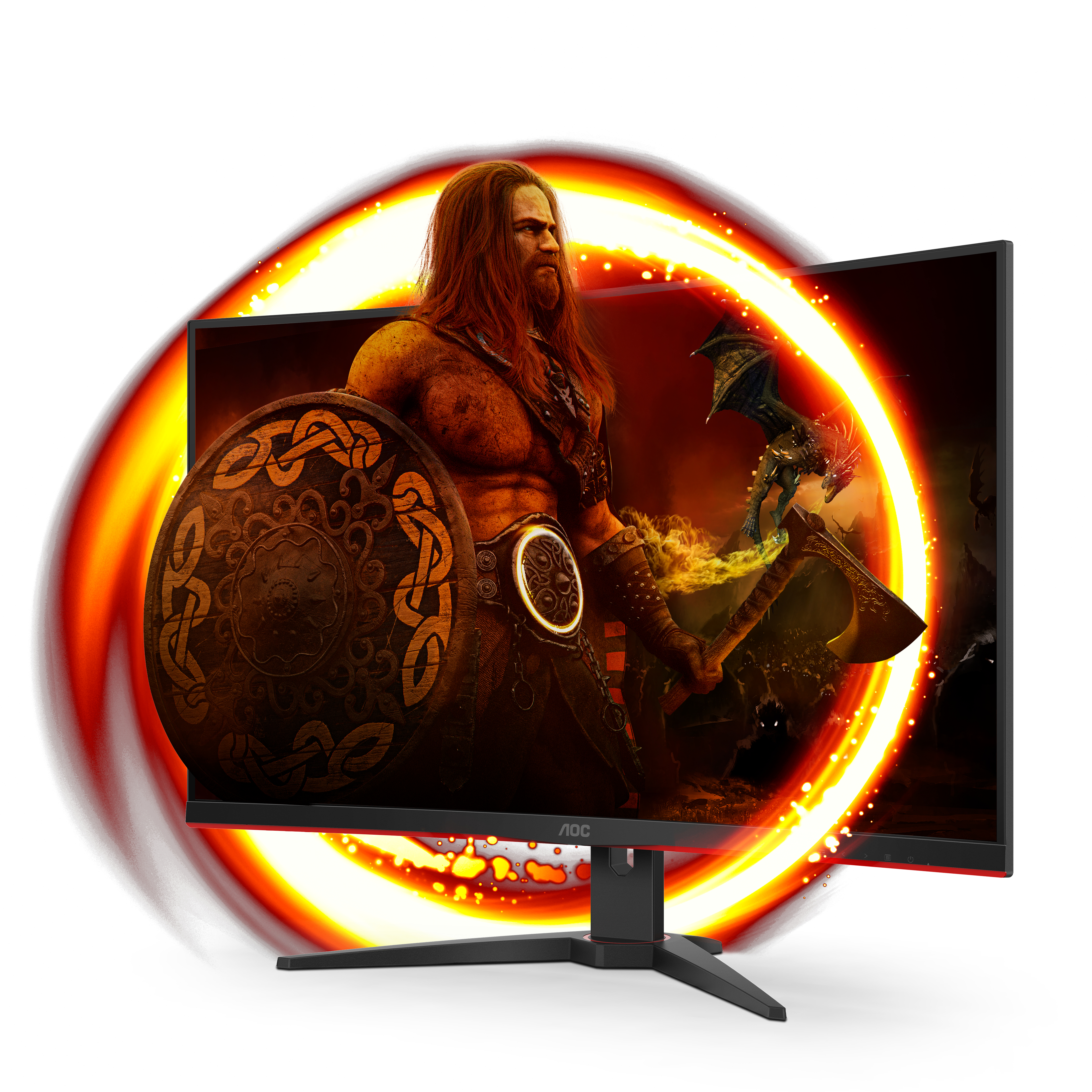 AOC-Gaming-Monitor mit einer Spielszene, mit einem Krieger, der einen Schild hält.