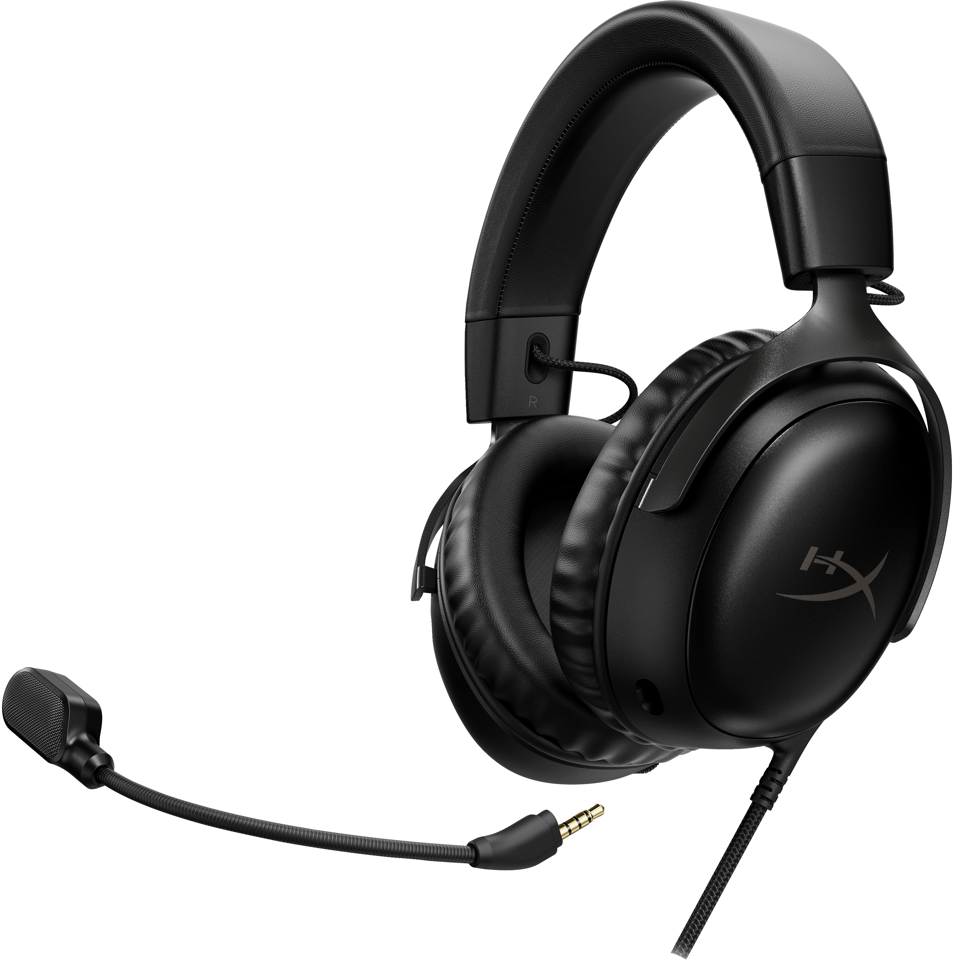 Schwarzes HyperX Gaming-Headset mit Mikrofon und 3,5-mm-Klinkenstecker, isoliert auf Weiß.