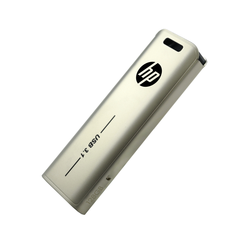 Ein silberner HP USB 3.1-Flash-Laufwerk, mit dem HP-Logo und 128 GB auf dem Gerät gedruckt.