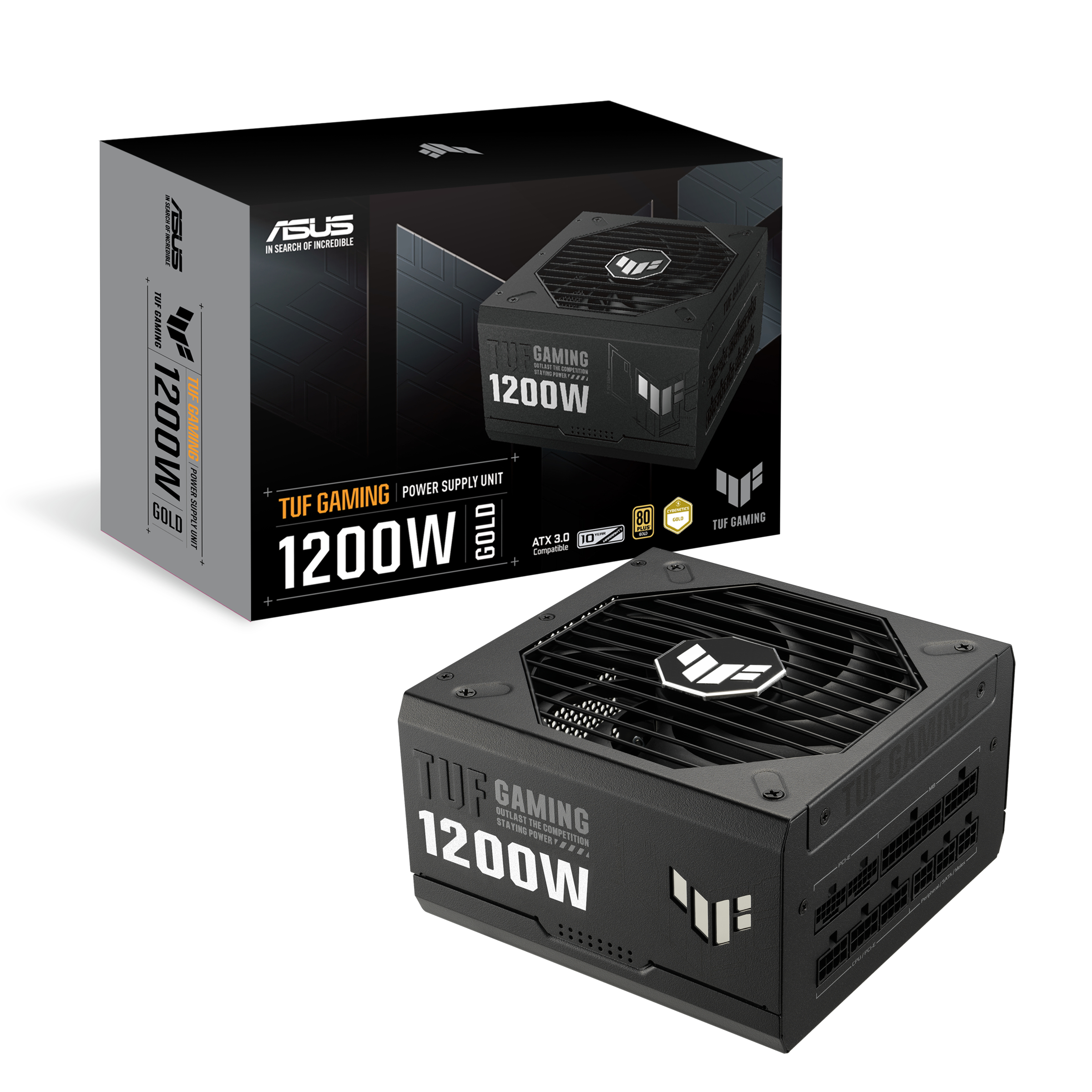 Schwarzes ASUS TUF Gaming Netzteil mit 1200W und goldener 80 Plus Zertifizierung.