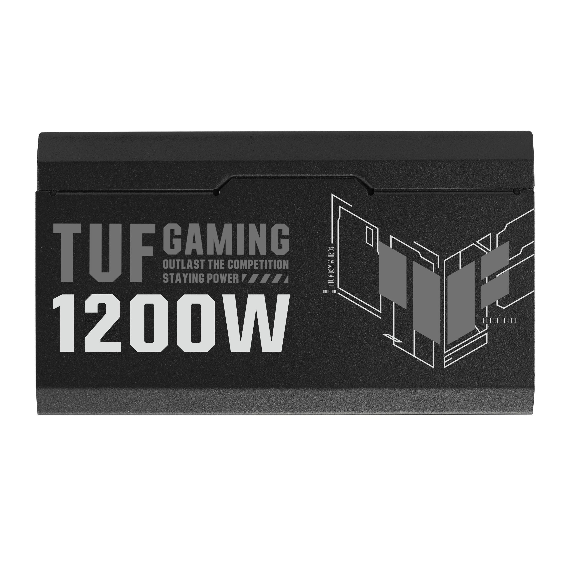 Schwarzes Netzteil mit TUF GAMING 1200W Aufdruck und grafischen Elementen.