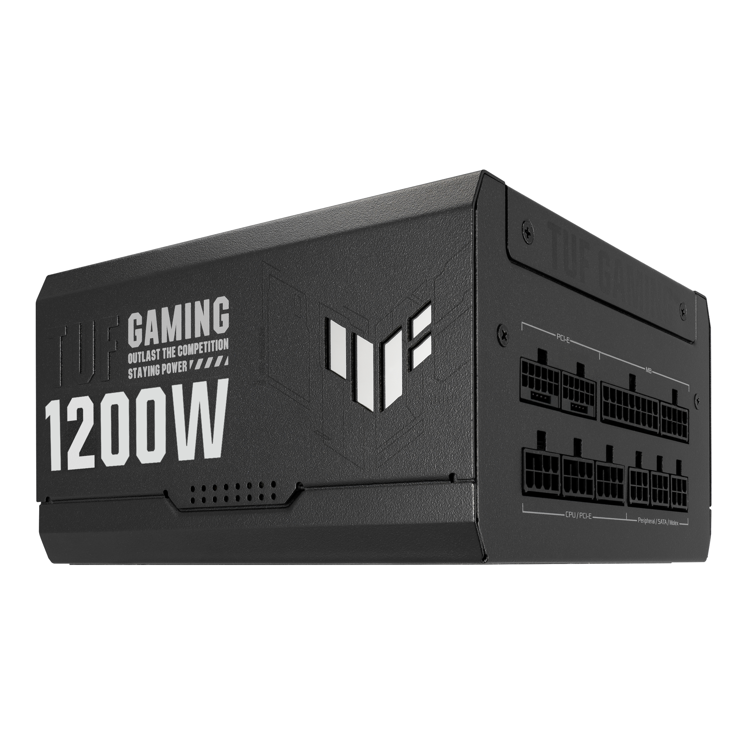 Schwarzes Netzteil mit 1200W, TUF Gaming-Logo und Anschlüssen.