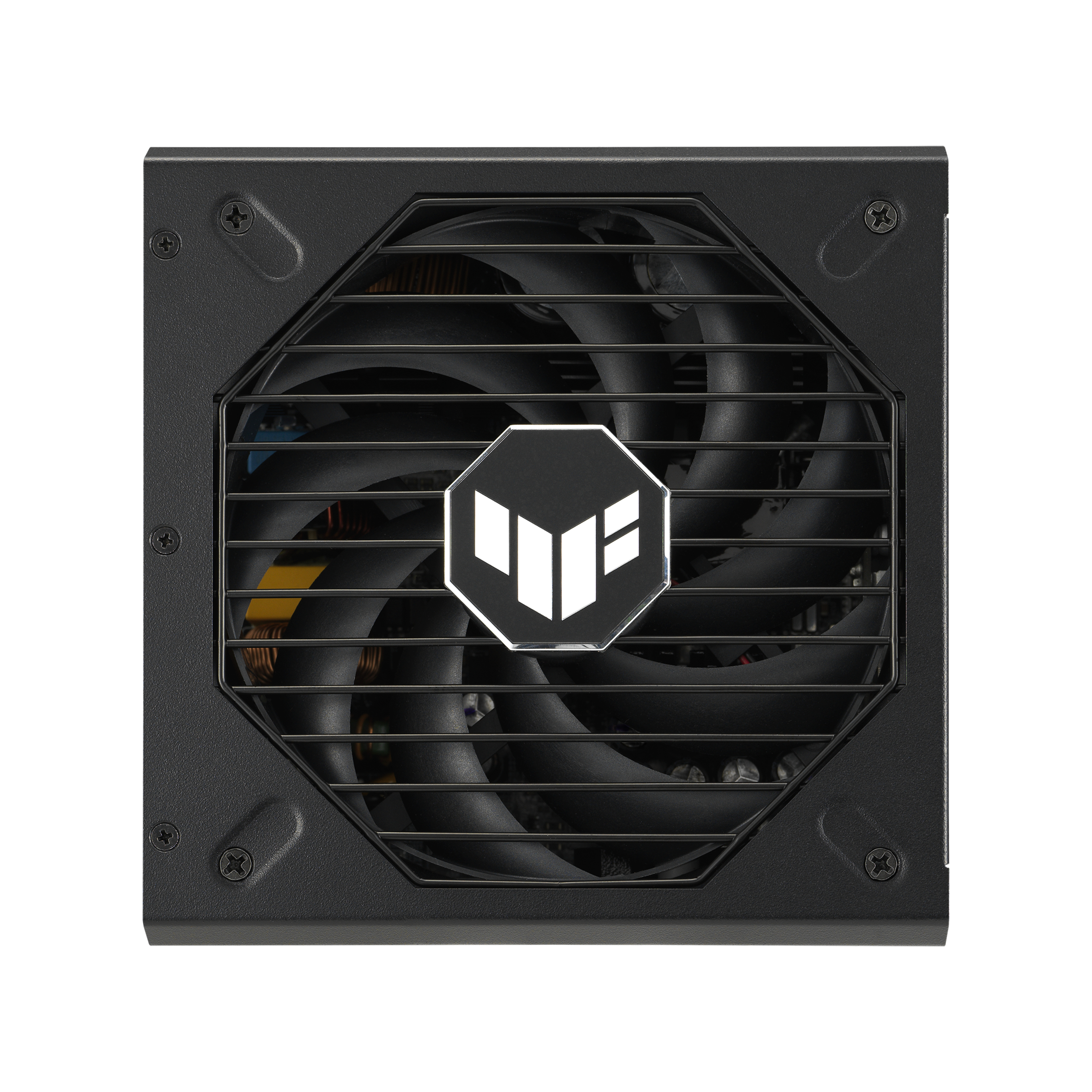 Schwarzer PC-Netzteil-Lüfter mit silbernem Logo und Lüfterblättern.