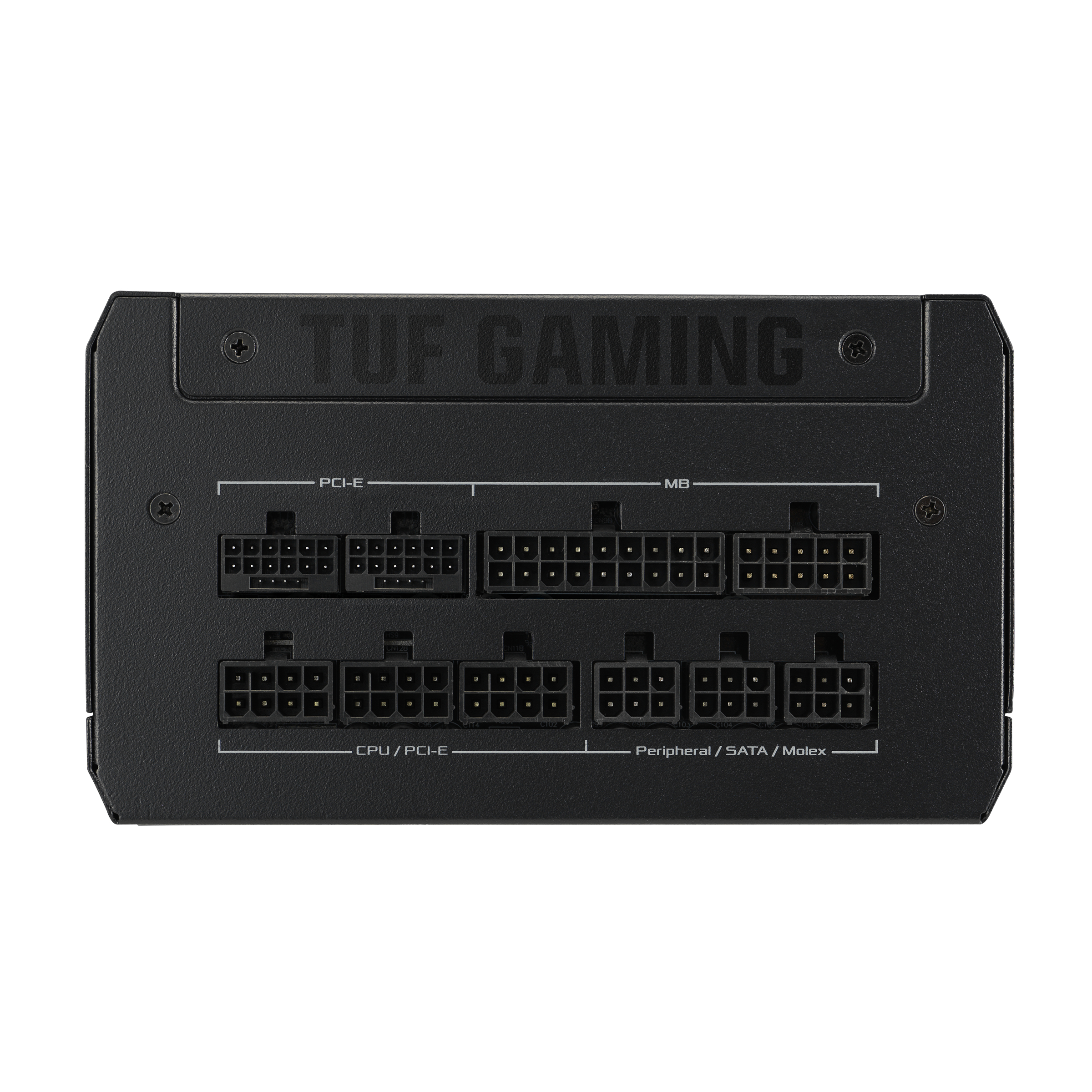 Schwarzes Netzteil mit Anschlüssen für PCI-E, CPU und Peripheriegeräte.