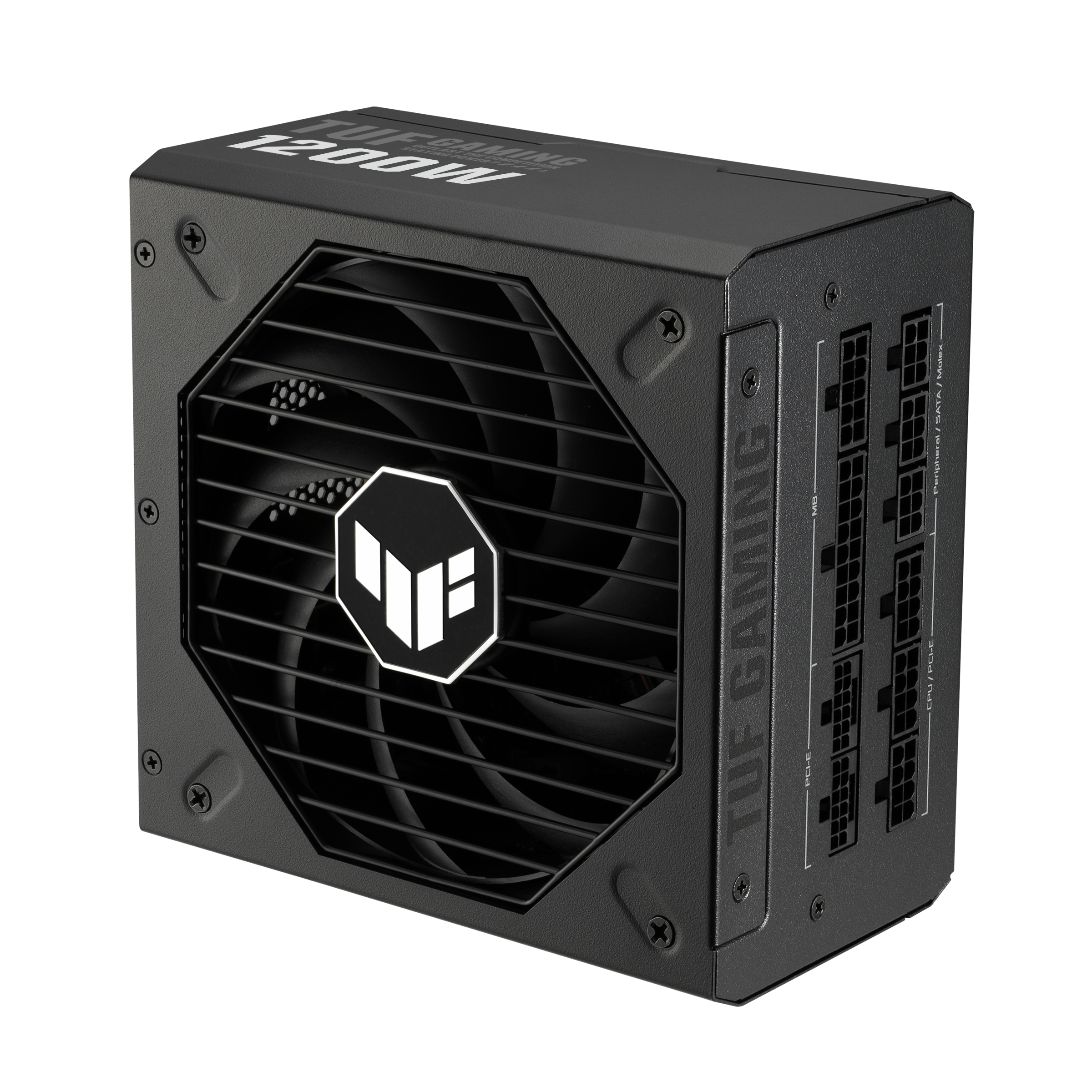 Schwarzes Netzteil mit 1200W, TUF GAMING Logo, Lüfter und Anschlüssen.