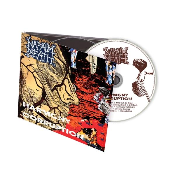 CD-Cover. Rote und schwarze Grafik mit einer Hand und dem Text: 'Harmony Corruption' von Napalm Death.