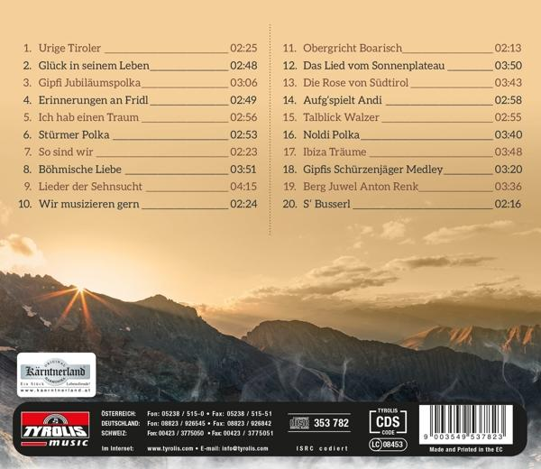 Rückseite einer CD mit Berglandschaft, Titelliste und Kontaktdaten.