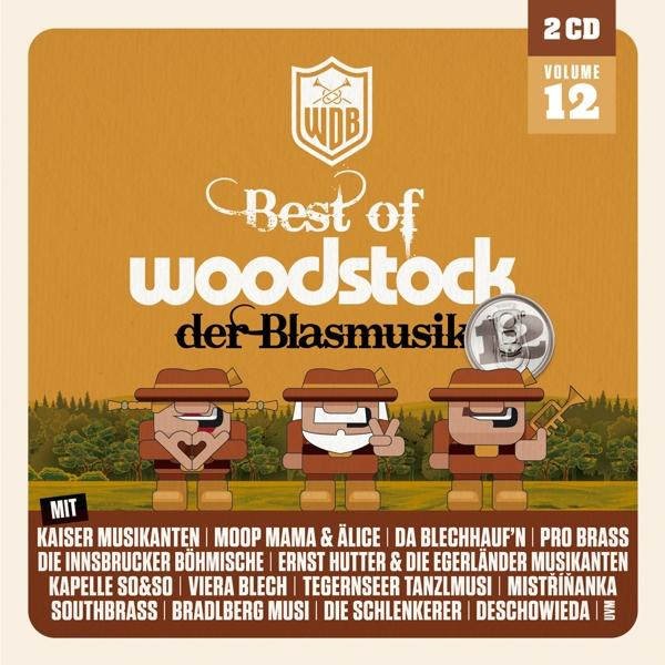 Albumcover: "Best of Woodstock der Blasmusik", Vol. 12, mit 3 Figuren und Künstlernamen.