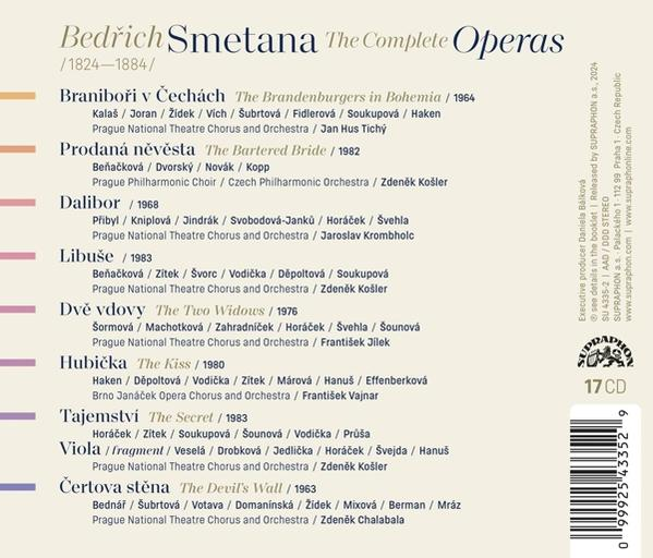 Cover einer CD-Sammlung von Bedřich Smetanas Opern mit Titeln und Besetzungen.