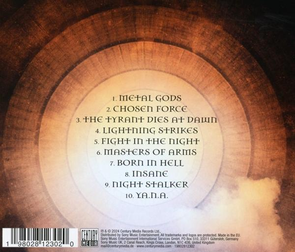 Album-Rückseite. Auflistung von zehn Songtiteln. Der Hintergrund ist eine braune Spiralform.