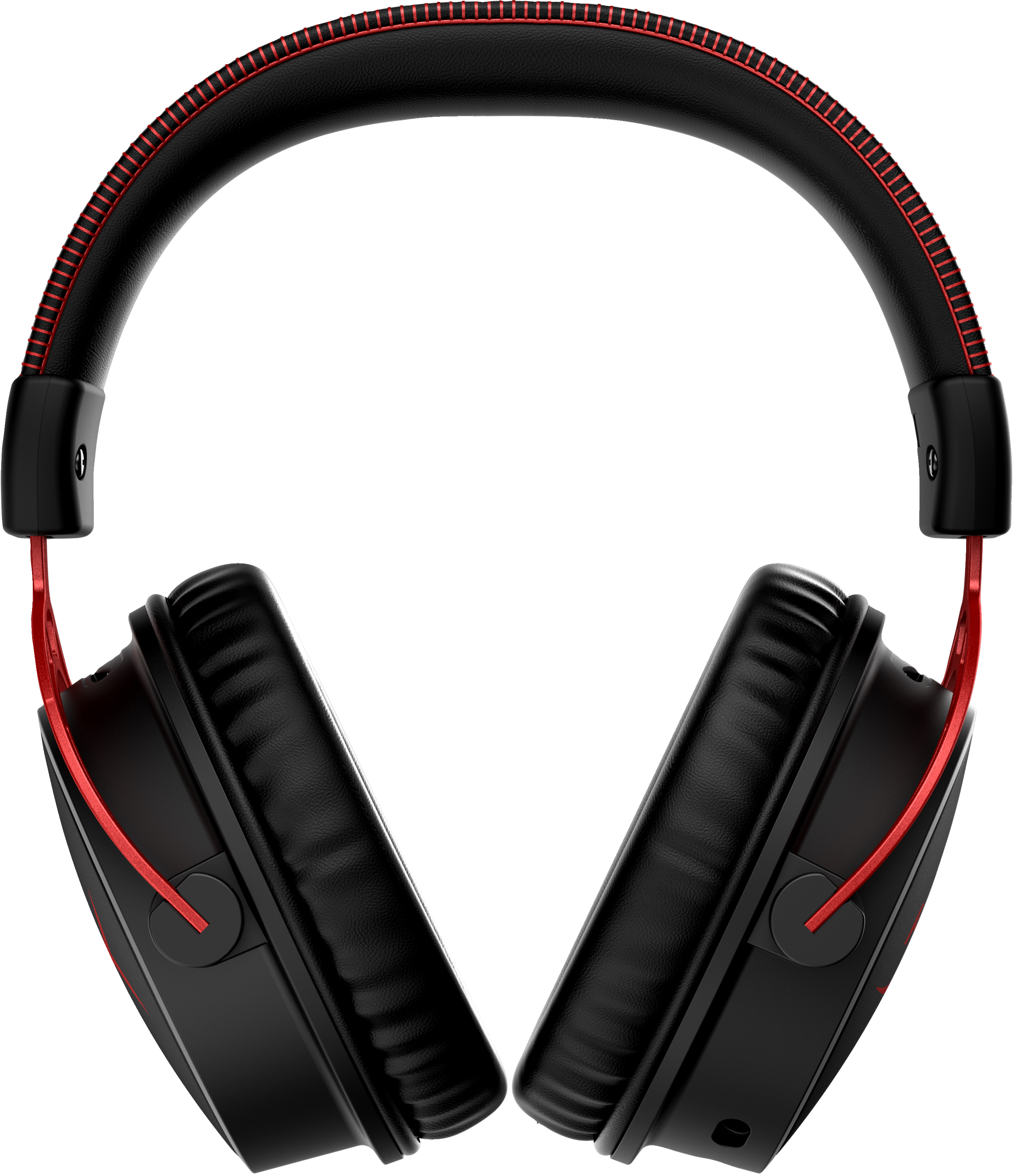Black and red headphones, overhead view. Black earcups with red trim, red headband, and a black cable.