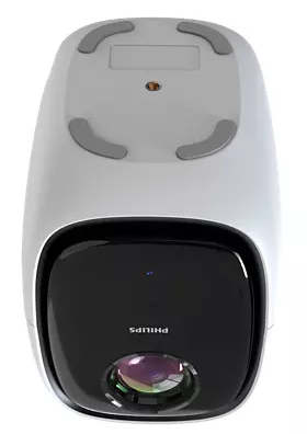 Biały i czarny projektor. Widok od dołu, z obiektywem i szarymi podkładkami. Widoczne logo Philips.