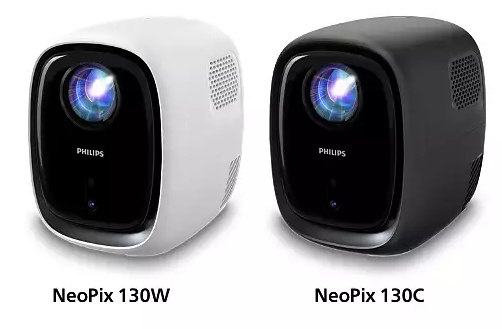 Dwa projektory, biały i czarny, obok siebie, z logo PHILIPS. NeoPix.