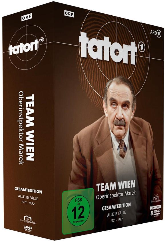 DVD-Boxset der Tatort-Serie. Mit Mann im braunen Anzug und dem Serienlogo.
