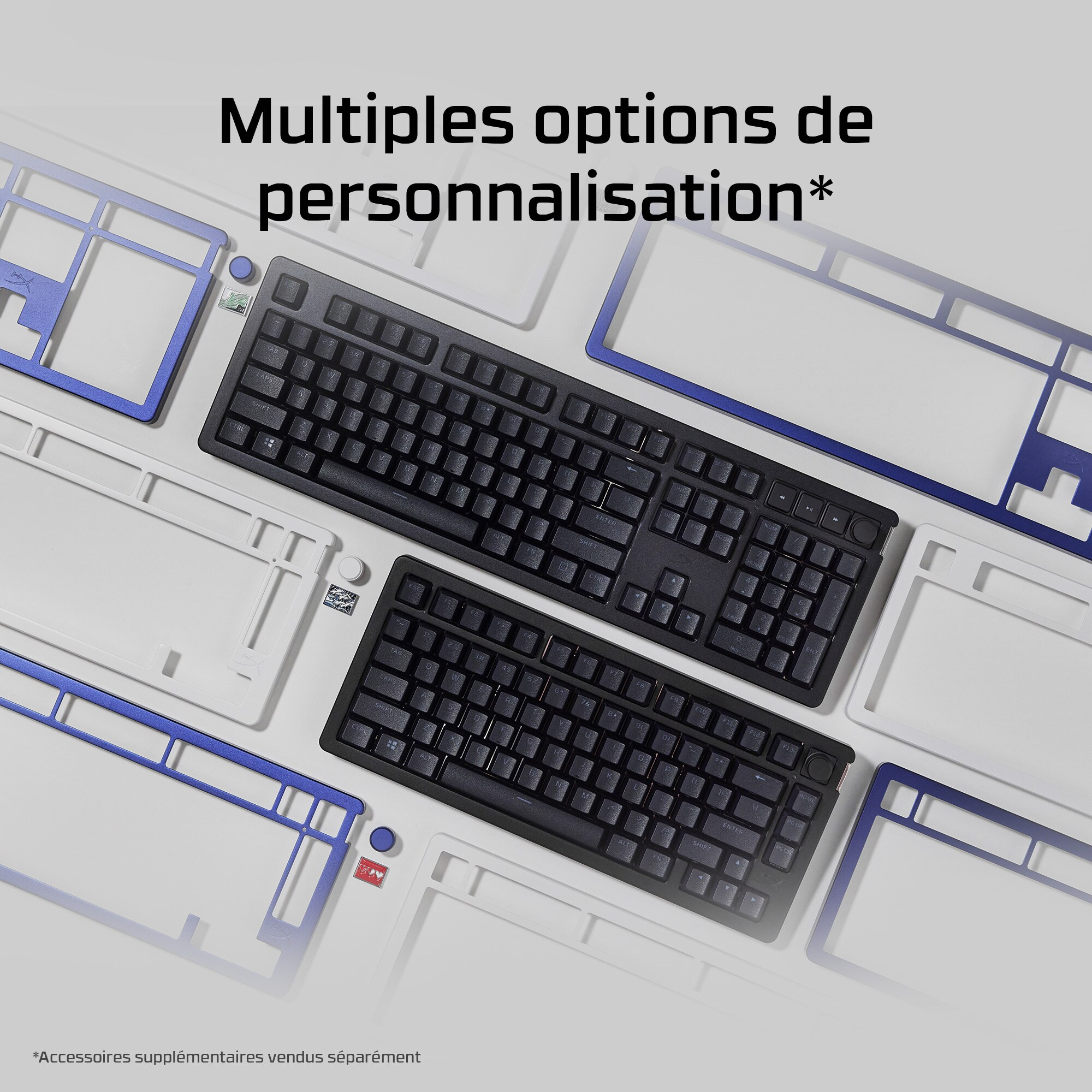 Twee zwarte toetsenborden en keycaps, met blauwe en witte frames, meerdere opties.