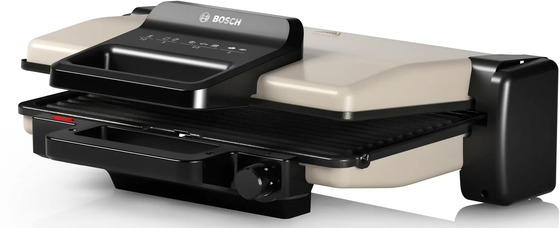 Elektryczny grill Bosch, z panelem sterowania i czarnym uchwytem, widok z boku.