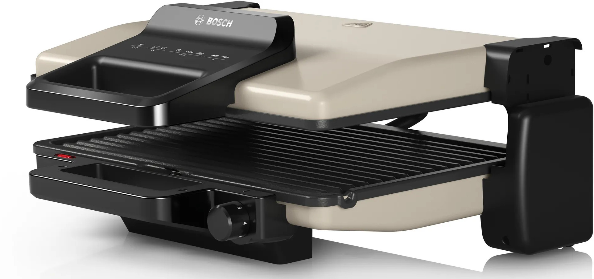 Beżowy grill z zamkniętą pokrywą. Grill ma czarny panel sterowania i czarny uchwyt.