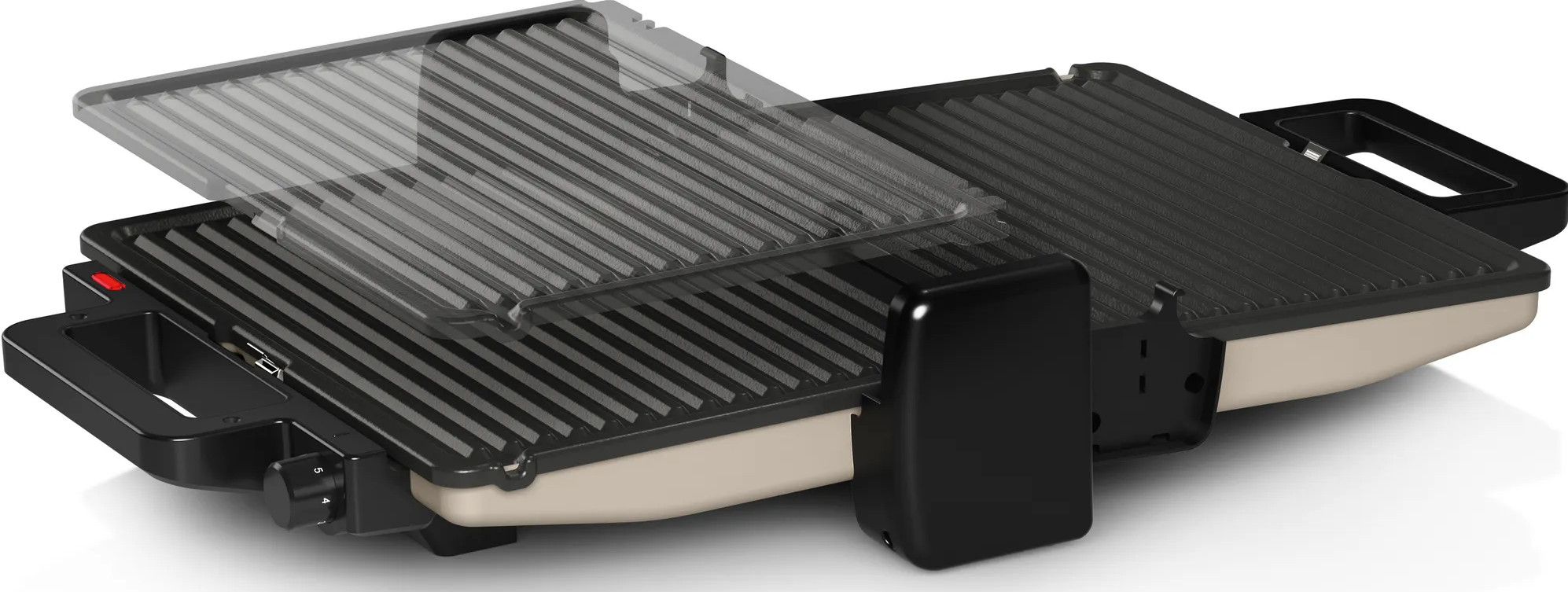 Grill ze zdejmowaną górą i otwartą pokrywą.