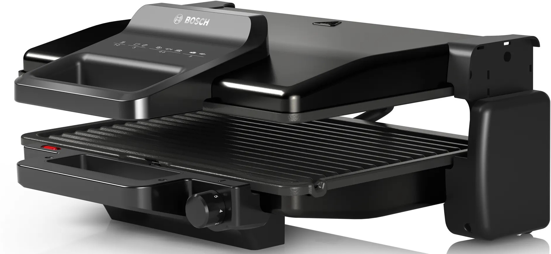 Czarny grill Bosch z otwartą pokrywą, uchwytem i panelem sterowania, na białej powierzchni.