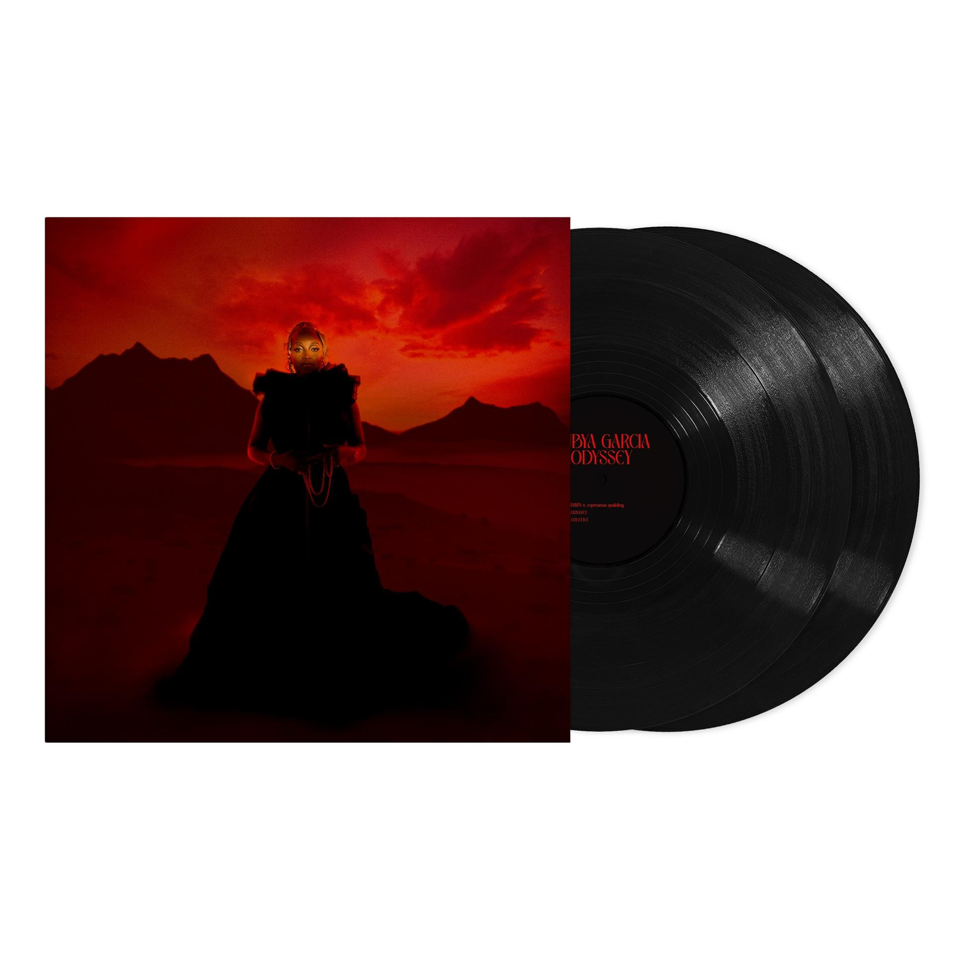 Eine Vinyl-Schallplattenhülle mit einem Bild einer Frau in einem schwarzen Kleid in einer rot getönten Landschaft.