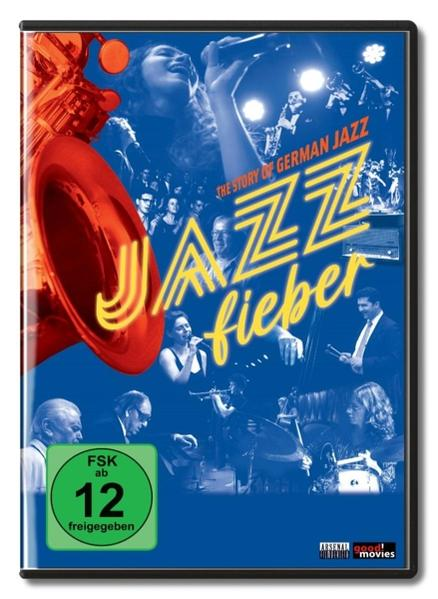 DVD-Cover für 'Jazz Fieber', mit einer Collage von Jazzmusikern und einer großen roten Trompete.