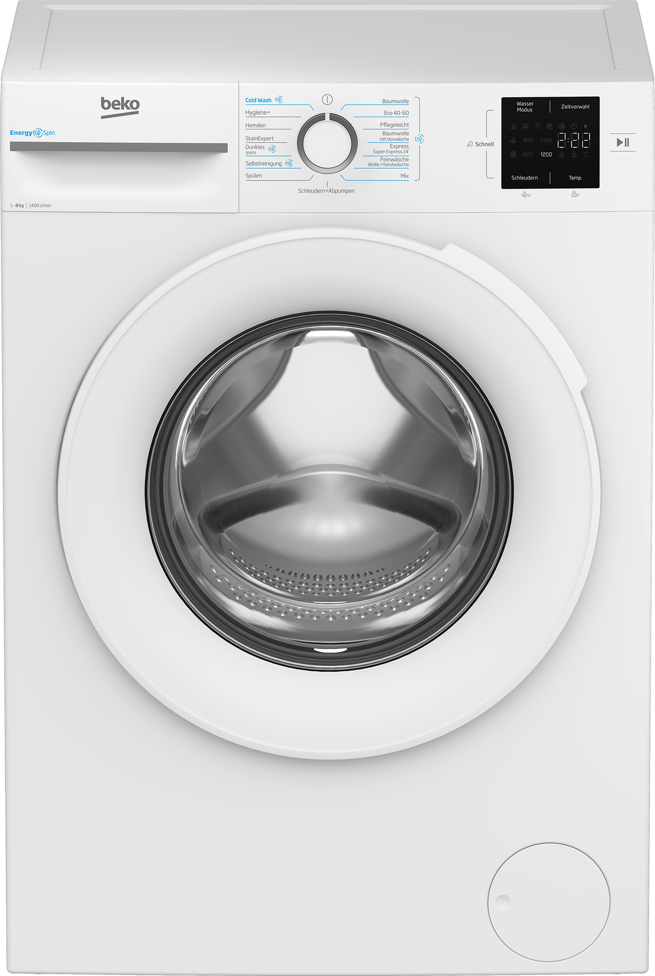 Eine weiße Beko-Waschmaschine. Sie hat ein Bedienfeld mit verschiedenen Waschoptionen und einem Digitaldisplay.