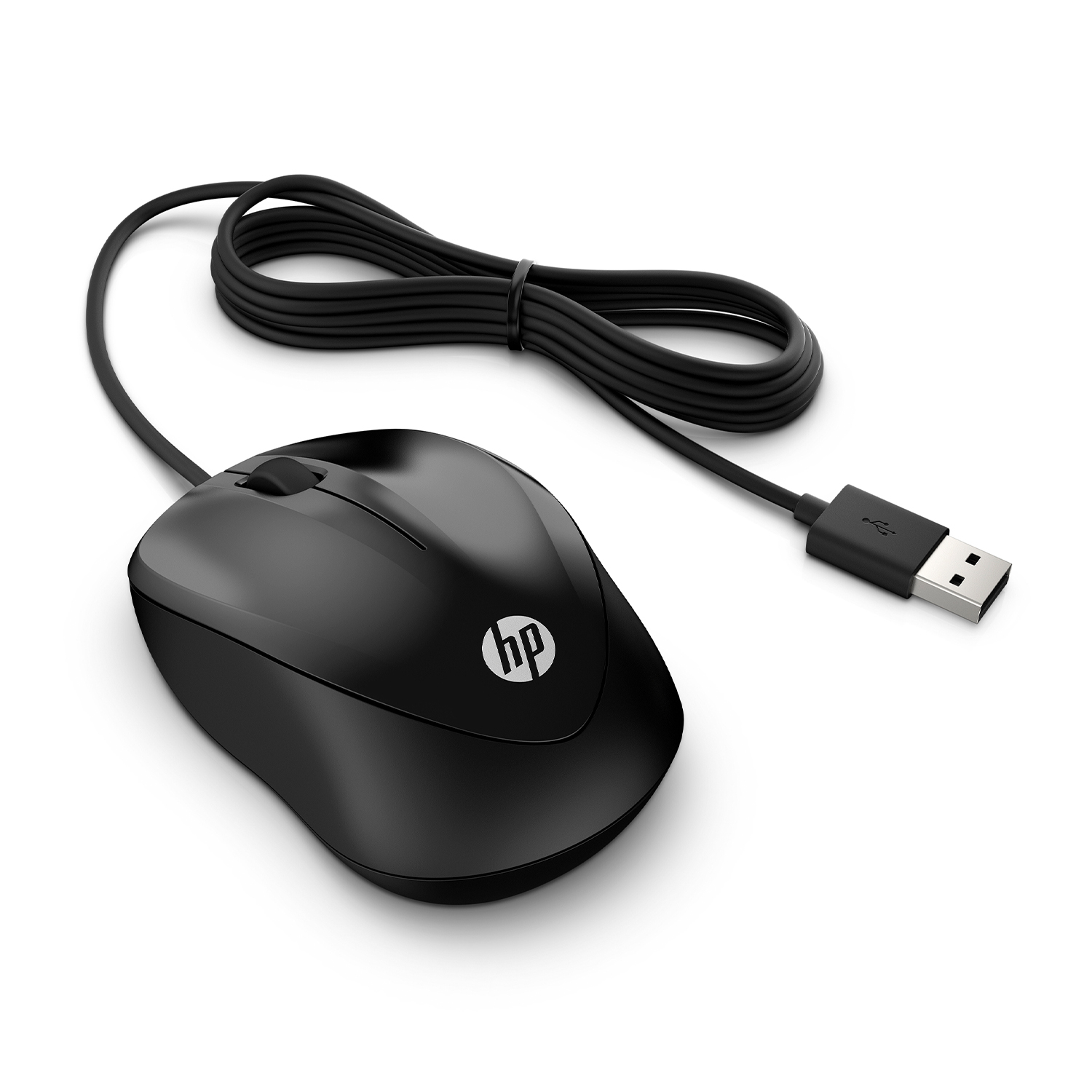 Un mouse HP nero con cavo e connettore USB. Il mouse ha il logo HP.