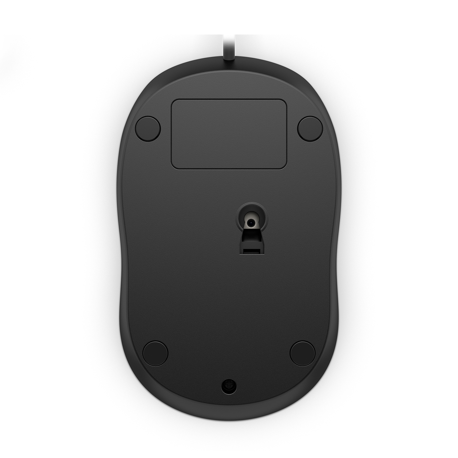 Mouse per computer nero, vista inferiore. Mostra sensori e pulsanti.
