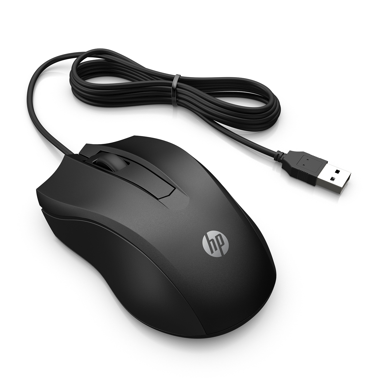 Un mouse per computer HP nero con cavo e connettore USB su sfondo bianco.